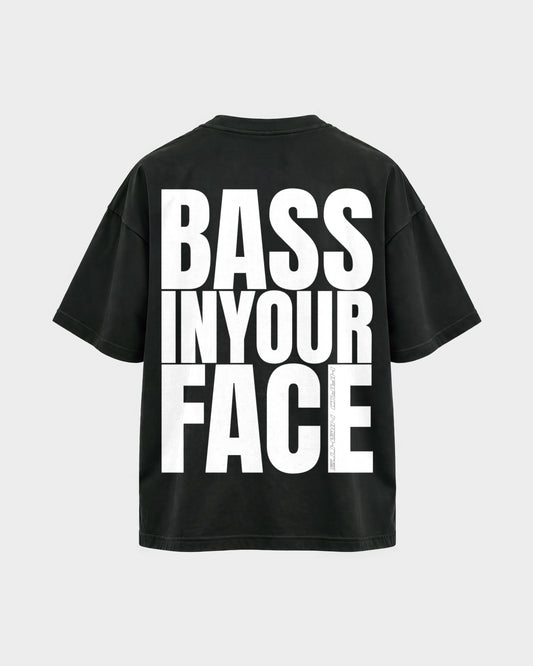 Bass in your face – Oversized Shirt in Schwarz, Rückenprint – Hard Nights