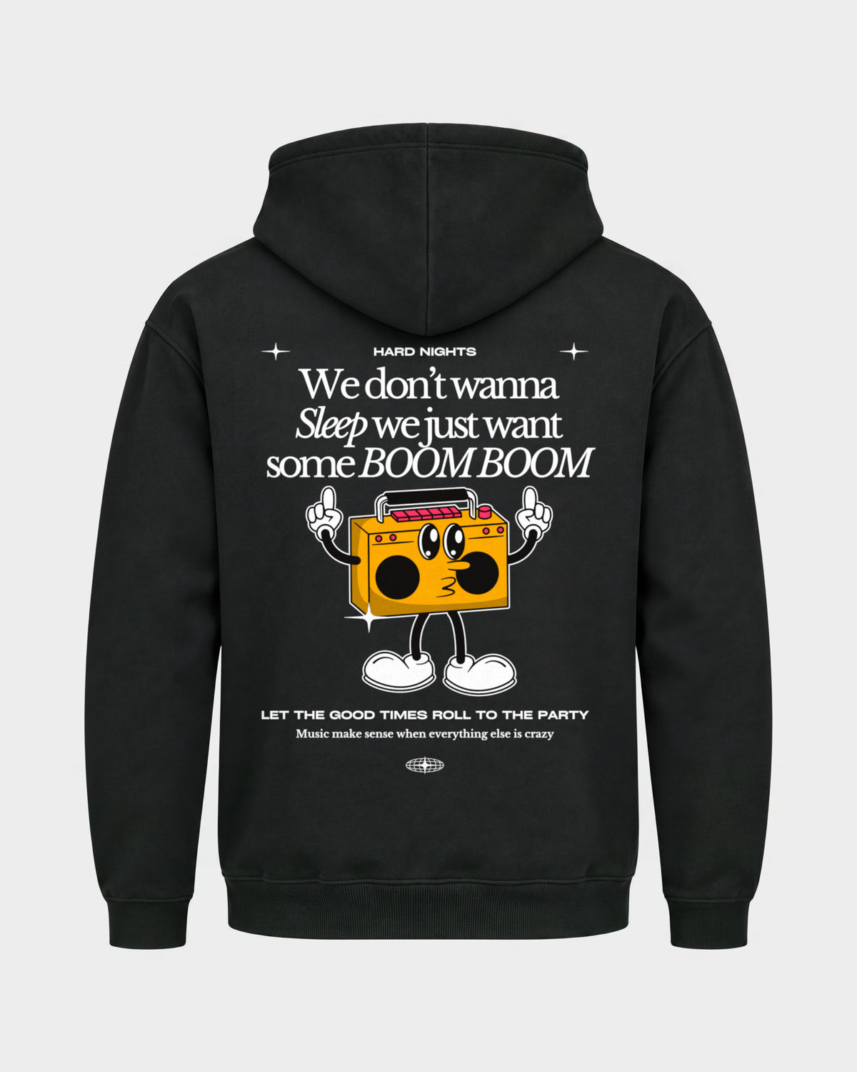 Boom Boom – Basic Hoodie in Schwarz, Rückenprint – Hard Nights