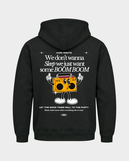Boom Boom – Basic Hoodie in Schwarz, Rückenprint – Hard Nights
