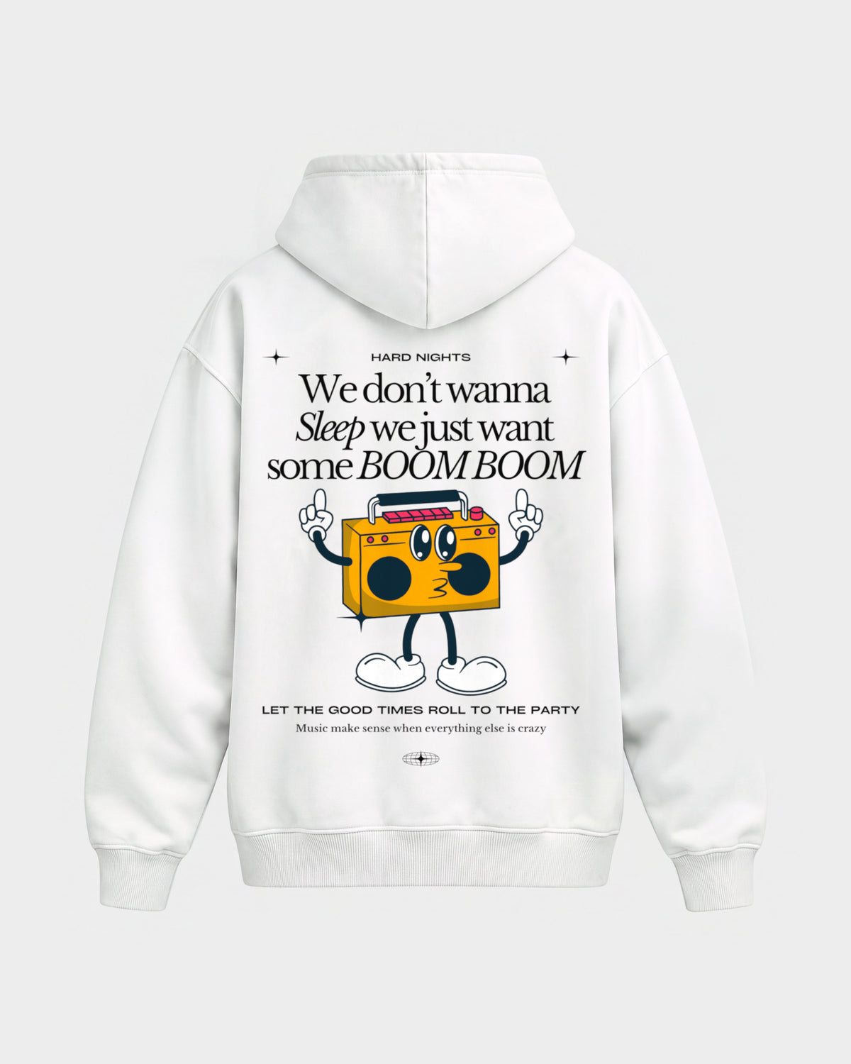 BOOM BOOM – Oversized Hoodie in Weiß, Rückenprint – Hard Nights