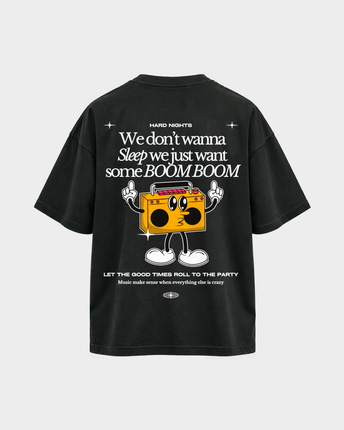Boom Boom – Oversized Shirt in Schwarz, Rückenprint – Hard Nights