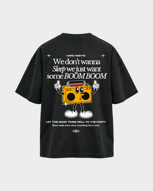 Boom Boom – Oversized Shirt in Schwarz, Rückenprint – Hard Nights