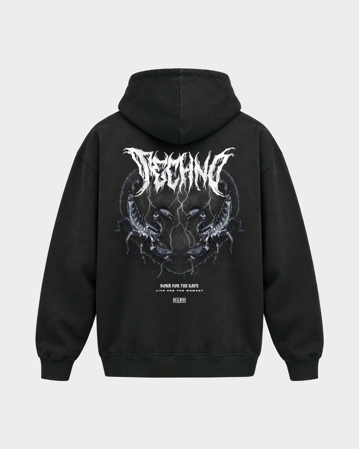 Born for the rave – Oversized Hoodie in Schwarz, Rückenprint – Hard Nights