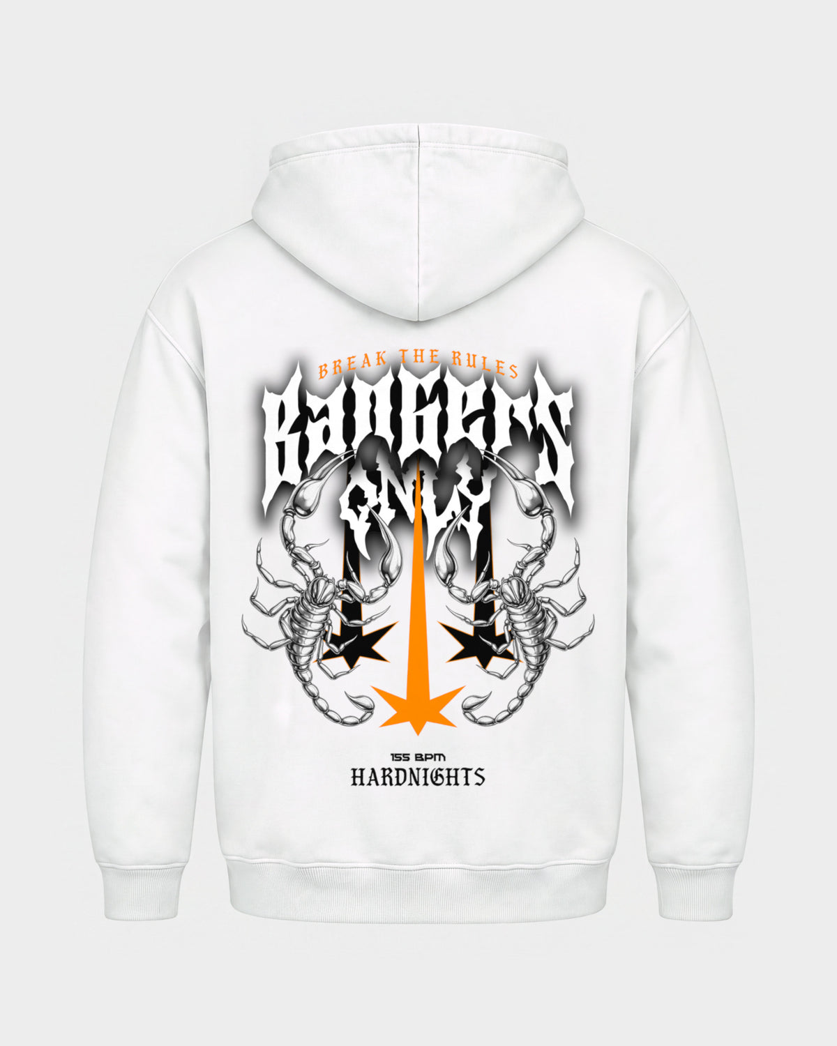 Break the rules – Basic Hoodie in Weiß, Rückenprint – Hard Nights