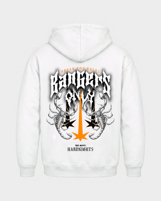 Break the rules – Basic Hoodie in Weiß, Rückenprint – Hard Nights