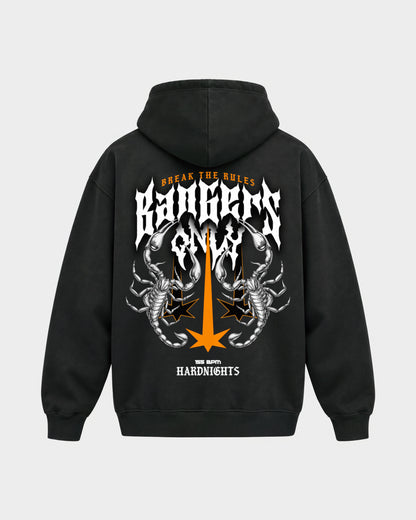 Break the rules – Oversized Hoodie in Schwarz, Rückenprint – Hard Nights
