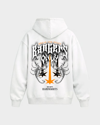 Break the rules – Oversized Hoodie in Weiß, Rückenprint – Hard Nights