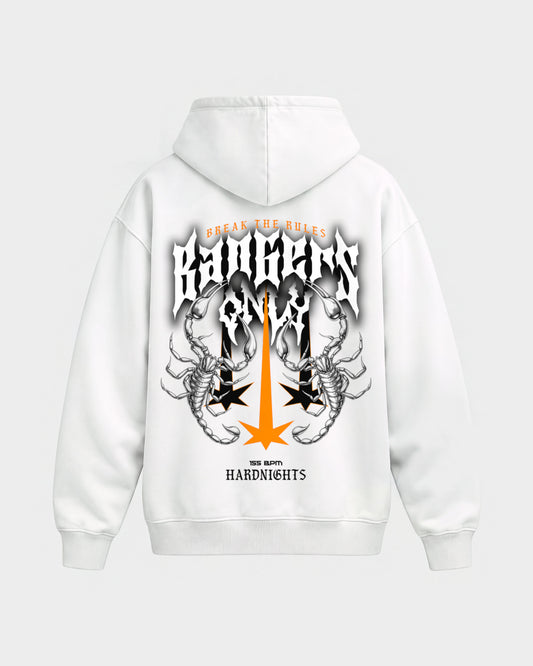 Break the rules – Oversized Hoodie in Weiß, Rückenprint – Hard Nights