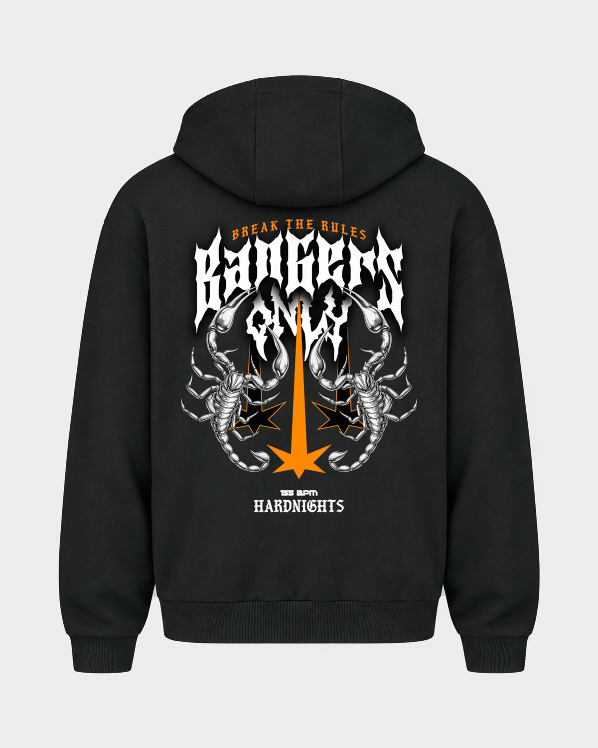 Break the rules – Oversized Zipper Hoodie in Schwarz, Rückenprint – Hard Nights