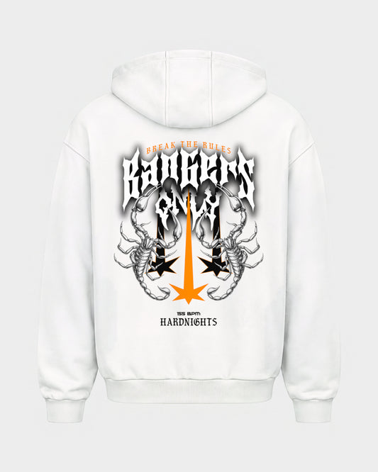 Break the rules – Oversized Zipper Hoodie in Weiß, Rückenprint – Hard Nights