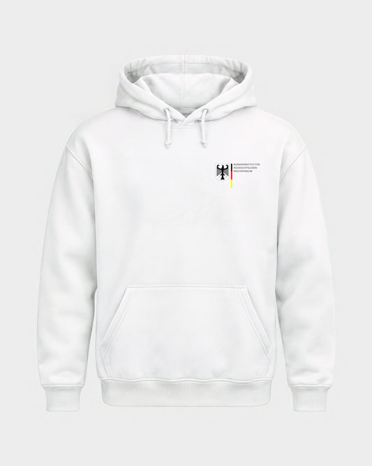 Bundesinstitut – Basic Hoodie in Weiß, Frontprint – Hard Nights