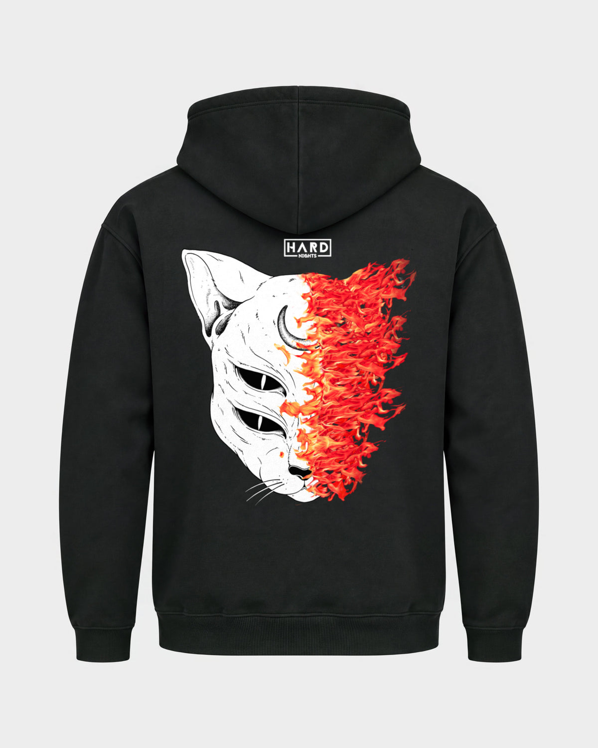 Burning Cat – Basic Hoodie in Schwarz, Rückenprint – Hard Nights