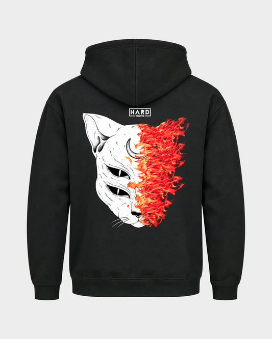 Burning Cat – Basic Hoodie in Schwarz, Rückenprint – Hard Nights