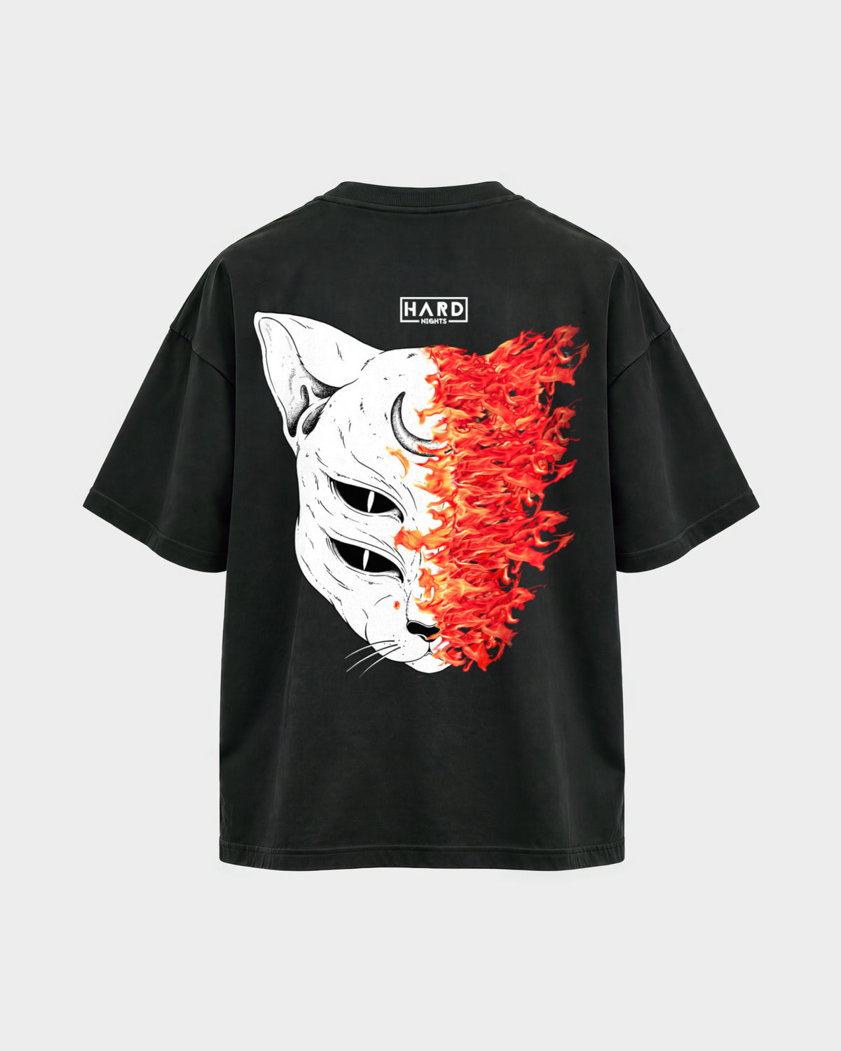 Burning Cat – Oversized Shirt in Schwarz, Rückenprint – Hard Nights
