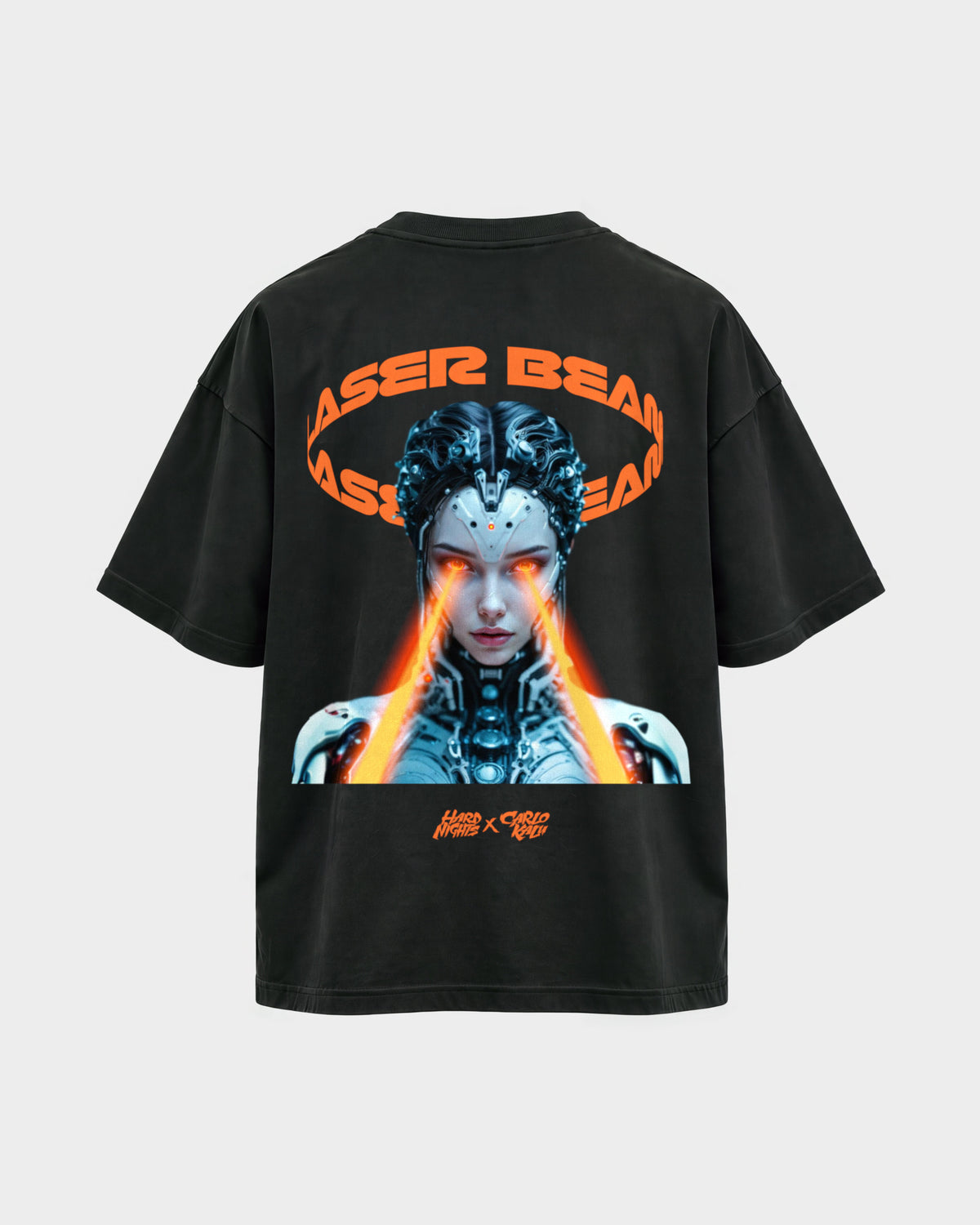 Carlo Kalu x Hard Nights: Laser Beam – Oversized Shirt in Schwarz, Rückenprint – Hard Nights