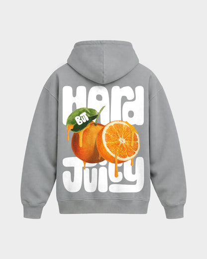 Charly Juice x Hard Nights: Hard but Juicy – Oversized Hoodie in Hellgrau, Rückenprint – Hard Nights