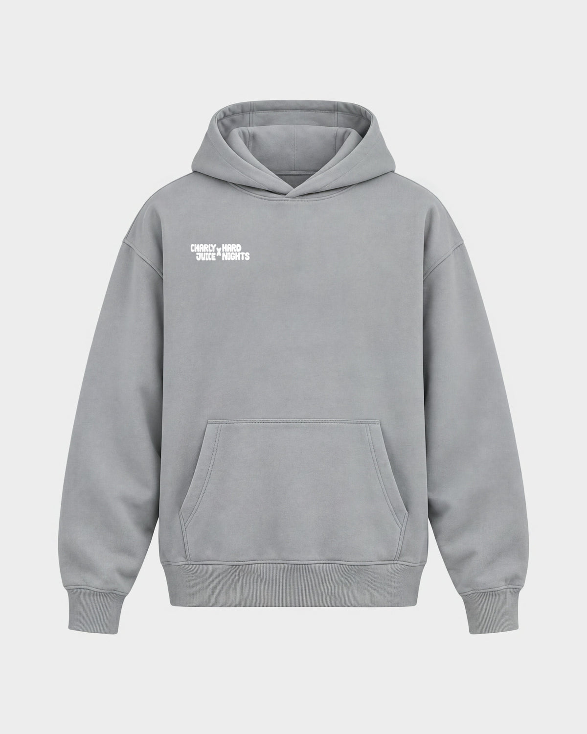 Charly Juice x Hard Nights: Hard but Juicy – Oversized Hoodie in Hellgrau, Frontprint – Hard Nights