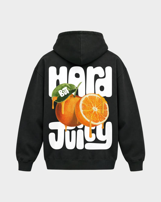 Charly Juice x Hard Nights: Hard but Juicy – Oversized Hoodie in Schwarz, Rückenprint – Hard Nights