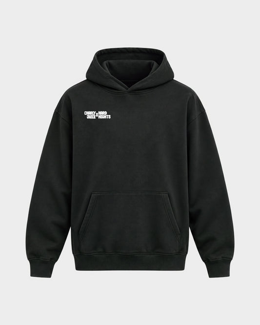 Charly Juice x Hard Nights: Hard but Juicy – Oversized Hoodie in Schwarz, Frontprint – Hard Nights