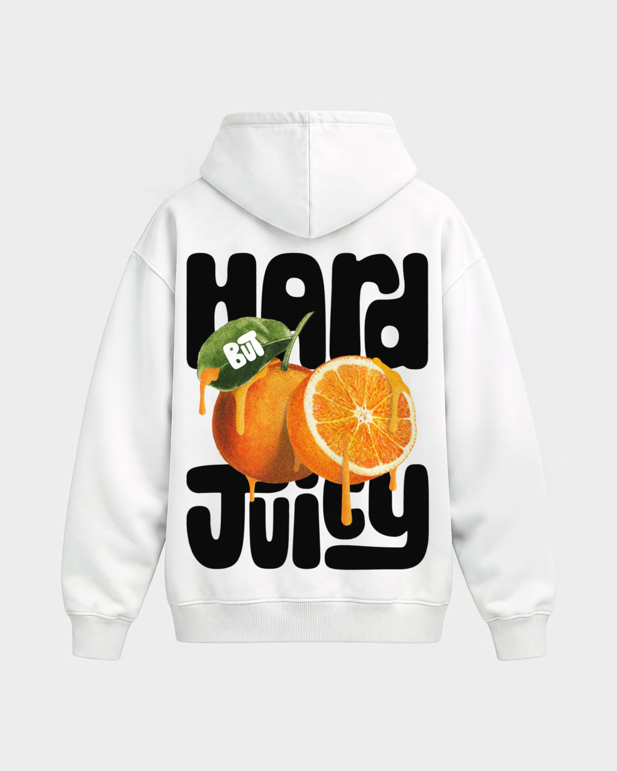 Charly Juice x Hard Nights: Hard but Juicy – Oversized Hoodie in Weiß, Rückenprint – Hard Nights