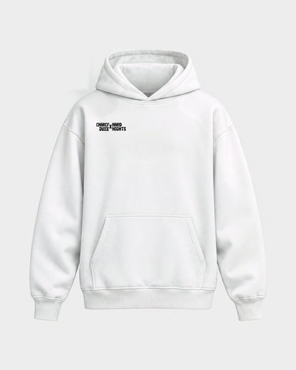 Charly Juice x Hard Nights: Hard but Juicy – Oversized Hoodie in Weiß, Frontprint – Hard Nights