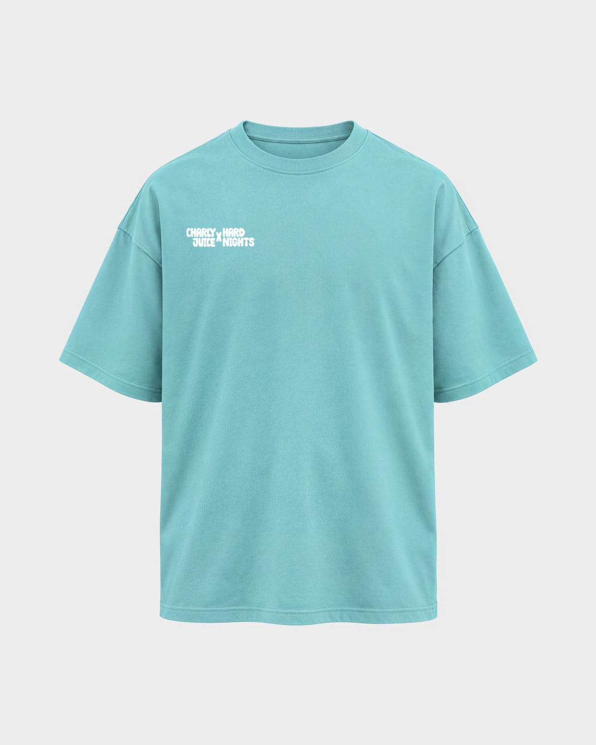 Charly Juice x Hard Nights: Hard but Juicy – Oversized Shirt in Berylblau, Frontprint – Hard Nights