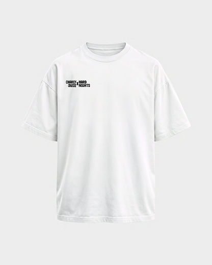 Charly Juice x Hard Nights: Hard but Juicy – Oversized Shirt in Weiß, Frontprint – Hard Nights