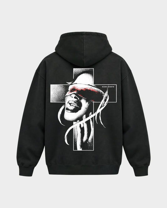 Church of rave – Oversized Hoodie in Schwarz, Rückenprint – Hard Nights