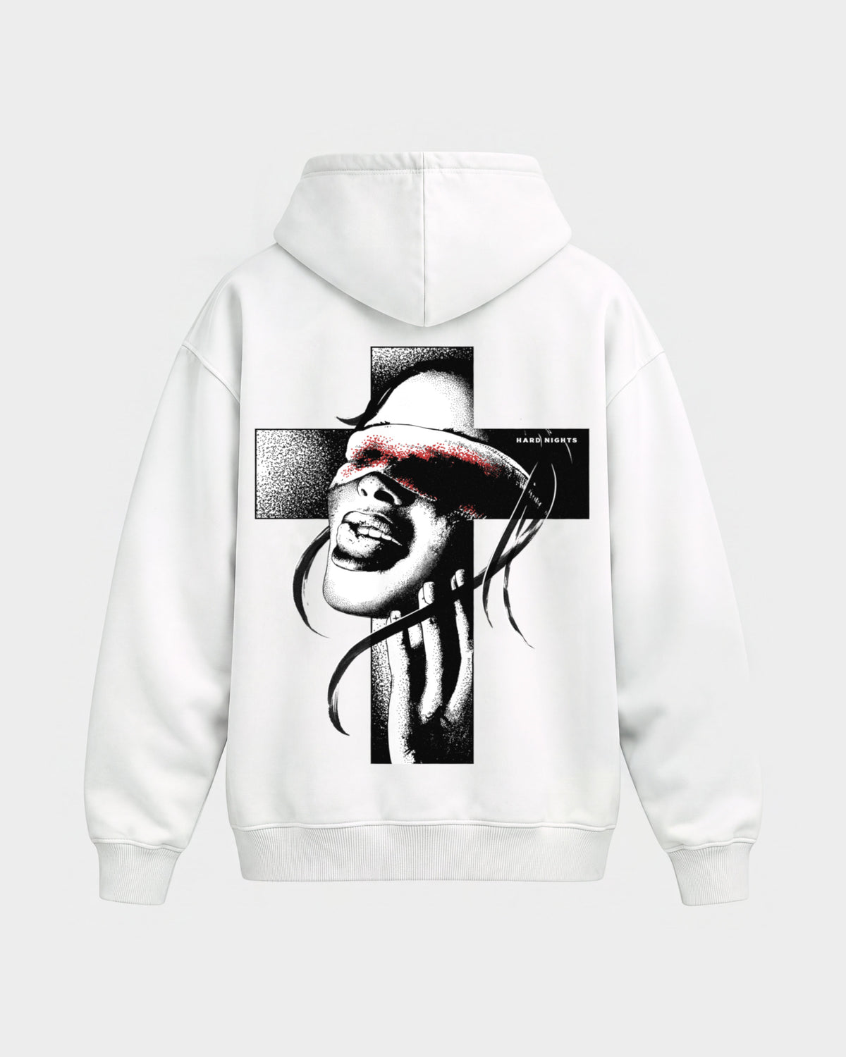 Church of rave – Oversized Hoodie in Weiß, Rückenprint – Hard Nights