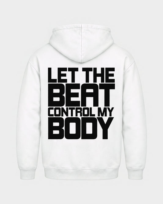 Control my body – Basic Hoodie in Weiß, Rückenprint – Hard Nights