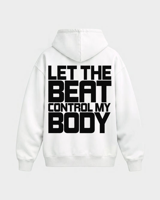 Control my body – Oversized Hoodie in Weiß, Rückenprint – Hard Nights