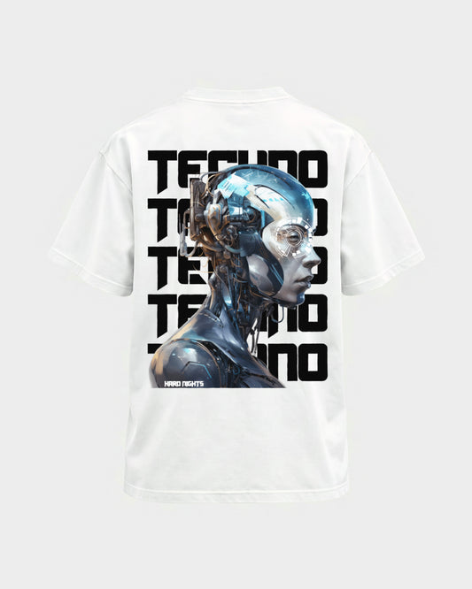 Cosmic Techno – Basic Shirt in Weiß, Rückenprint – Hard Nights