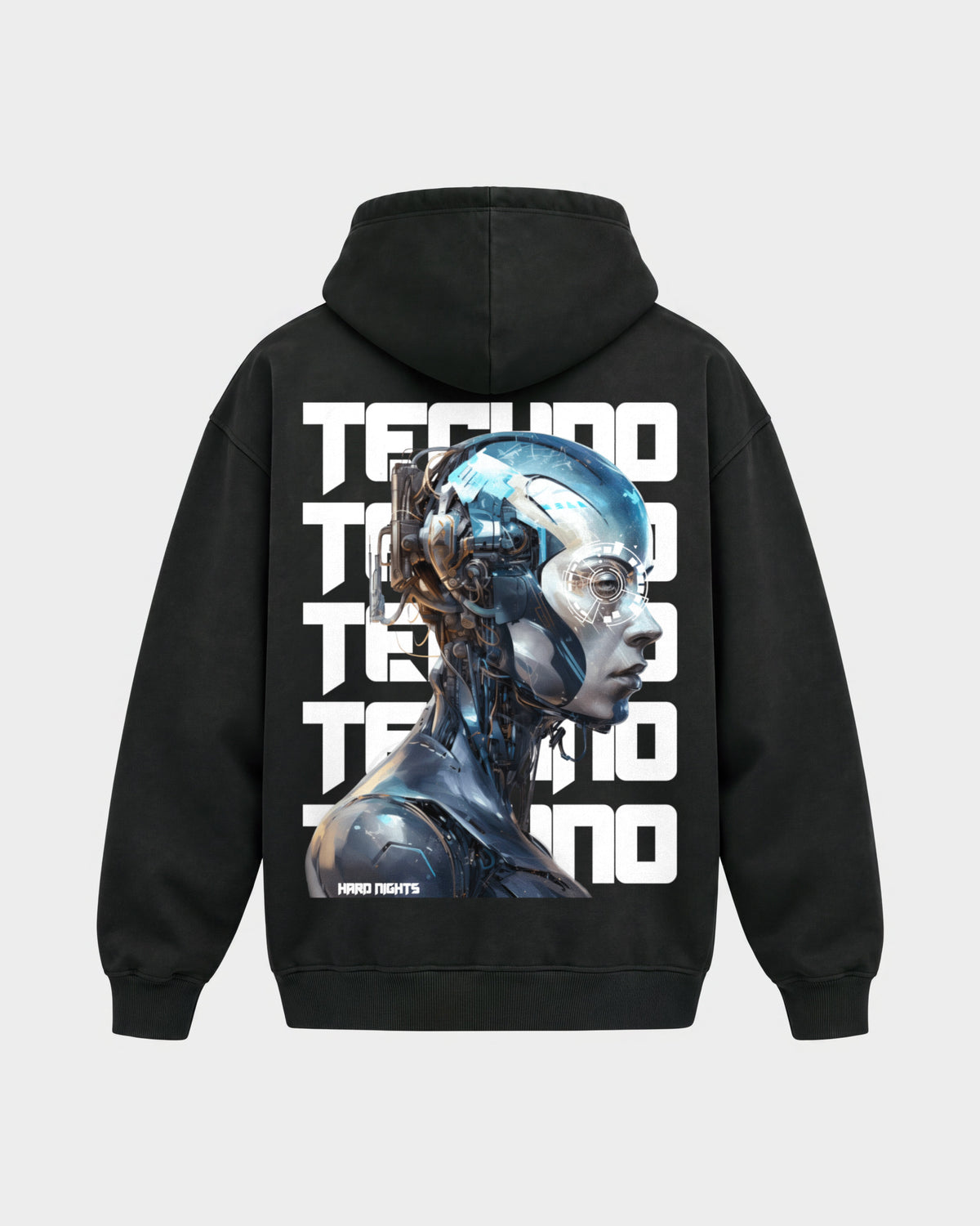 Cosmic Techno – Oversized Hoodie in Schwarz, Rückenprint – Hard Nights