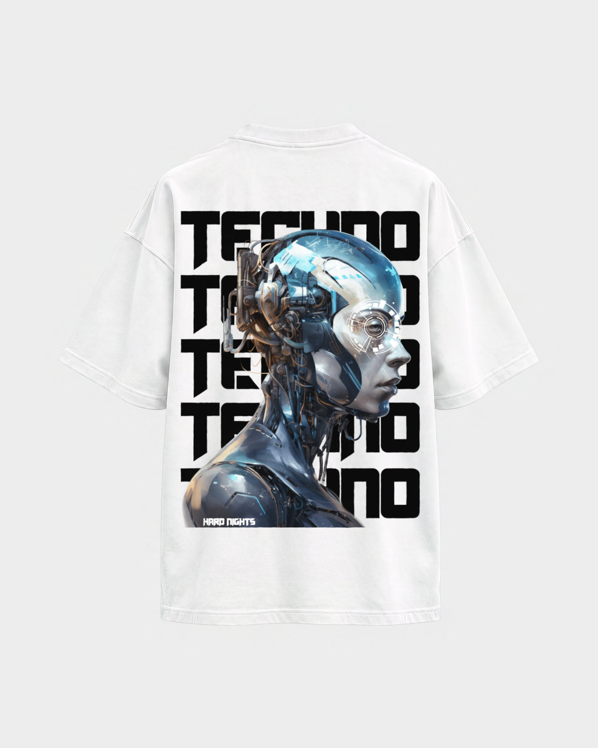 Cosmic Techno – Oversized Shirt in Weiß, Rückenprint – Hard Nights