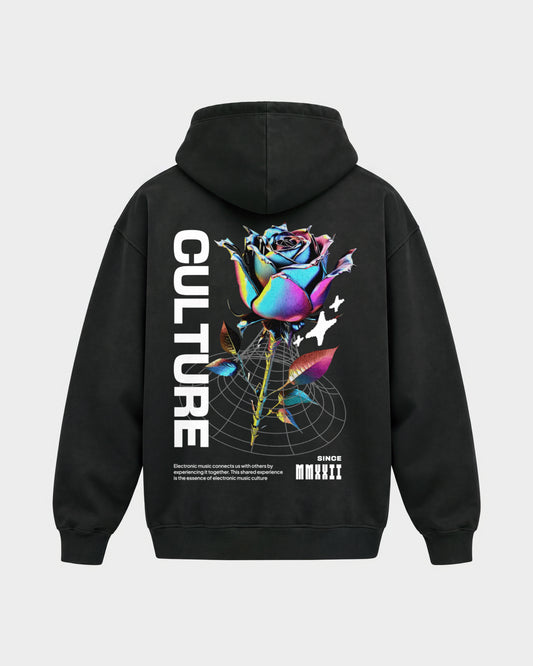 Culture – Oversized Hoodie in Schwarz, Rückenprint – Hard Nights