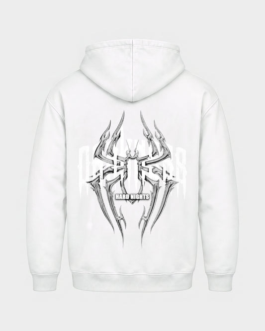Darkness Spider – Basic Hoodie in Weiß, Rückenprint – Hard Nights