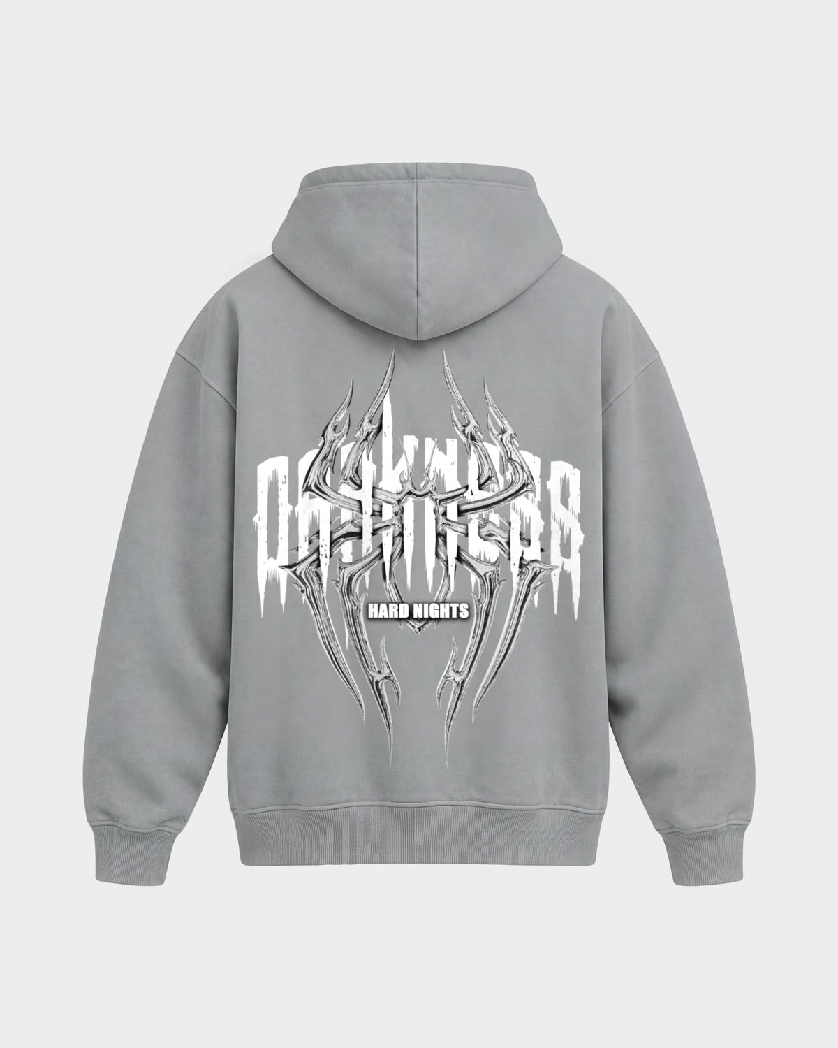 Darkness Spider – Oversized Hoodie in Hellgrau, Rückenprint – Hard Nights