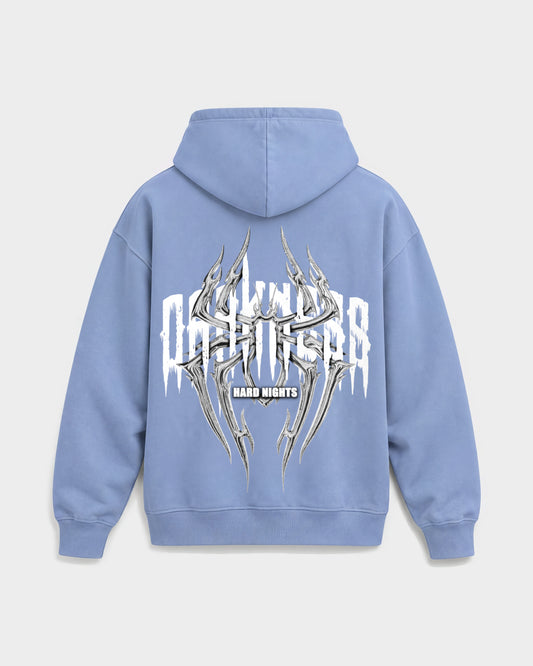 Darkness Spider – Oversized Hoodie in Puderblau, Rückenprint – Hard Nights