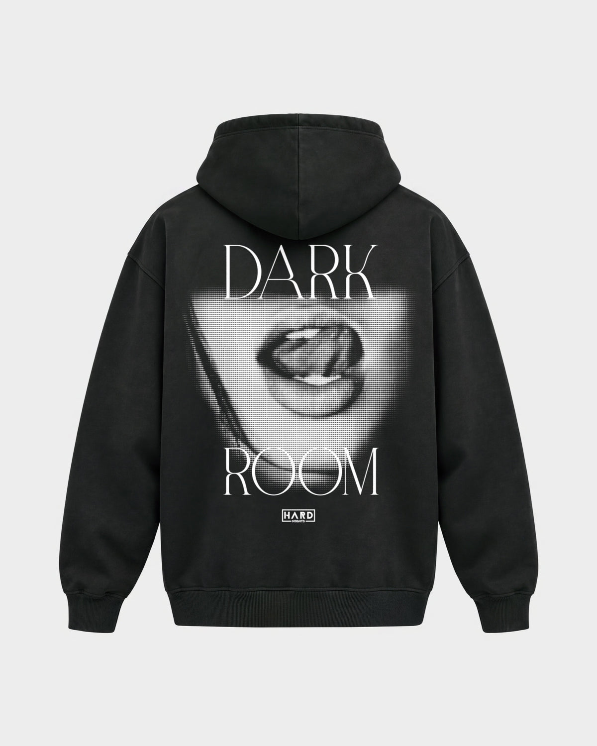 Darkroom – Oversized Hoodie in Schwarz, Rückenprint – Hard Nights