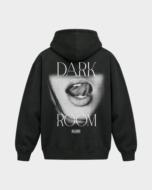 Darkroom – Oversized Hoodie in Schwarz, Rückenprint – Hard Nights