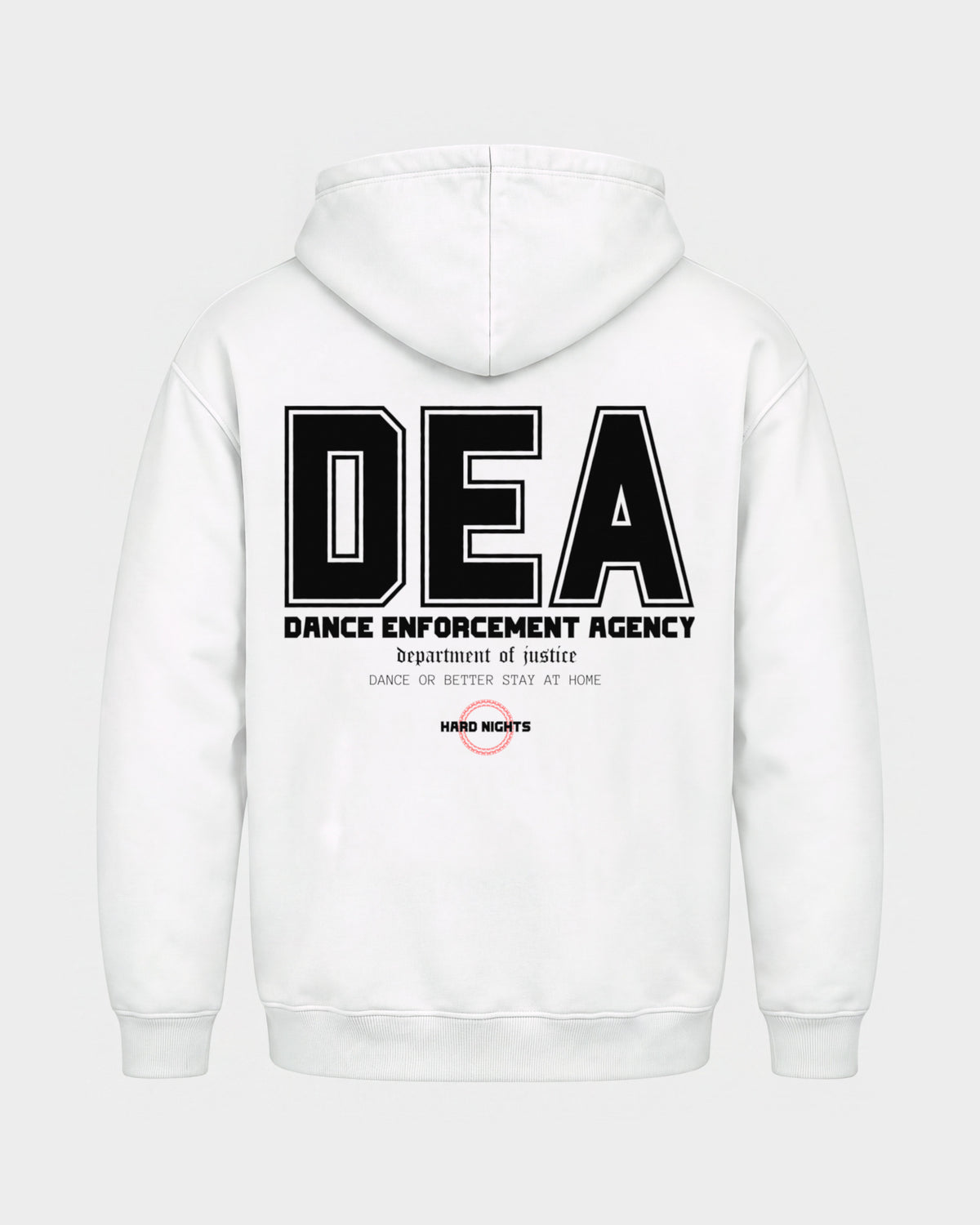 DEA – Basic Hoodie in Weiß, Rückenprint – Hard Nights