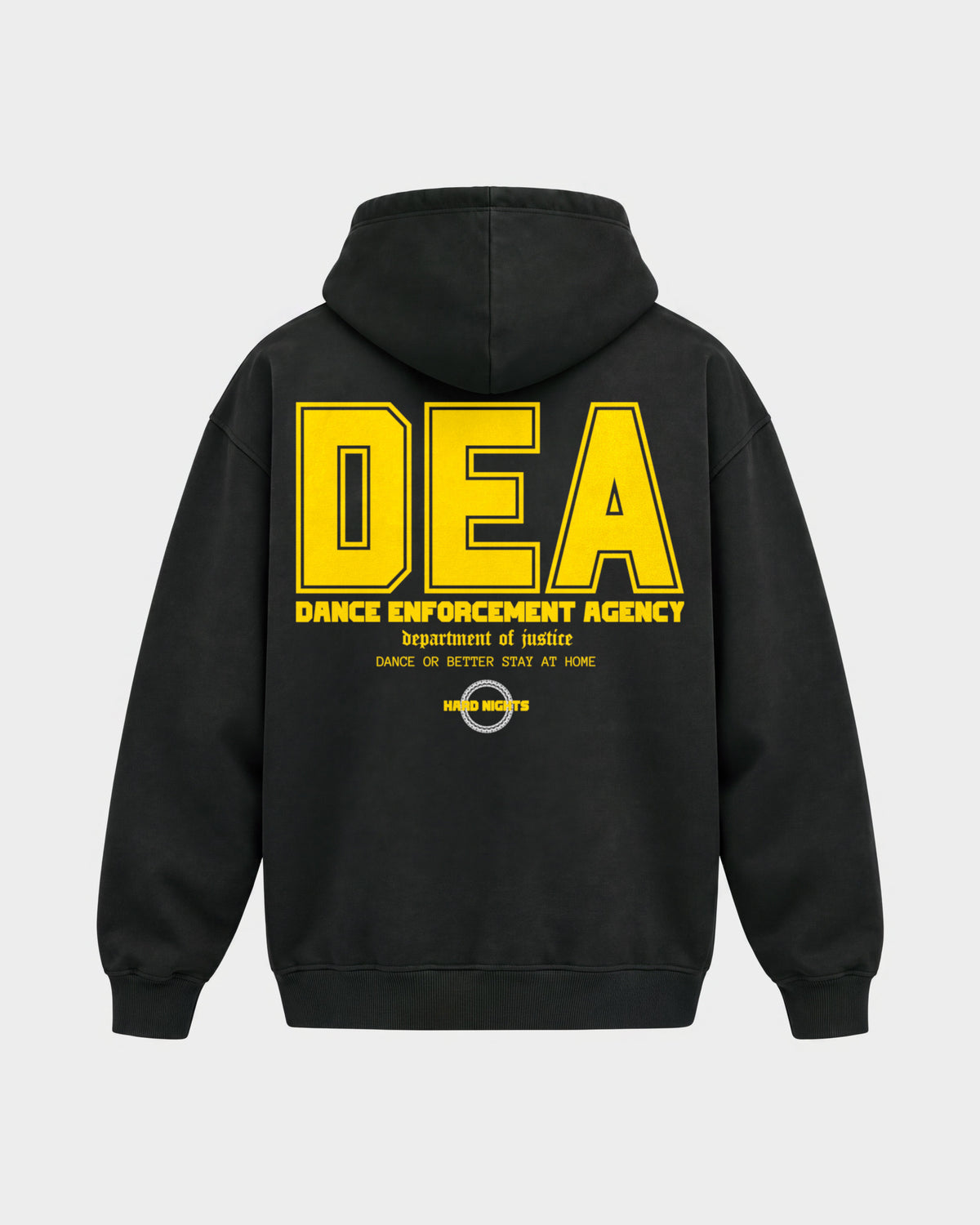 DEA – Oversized Hoodie in Schwarz, Rückenprint – Hard Nights