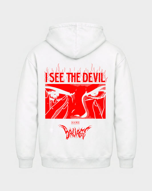 Devil – Basic Hoodie in Weiß, Rückenprint – Hard Nights