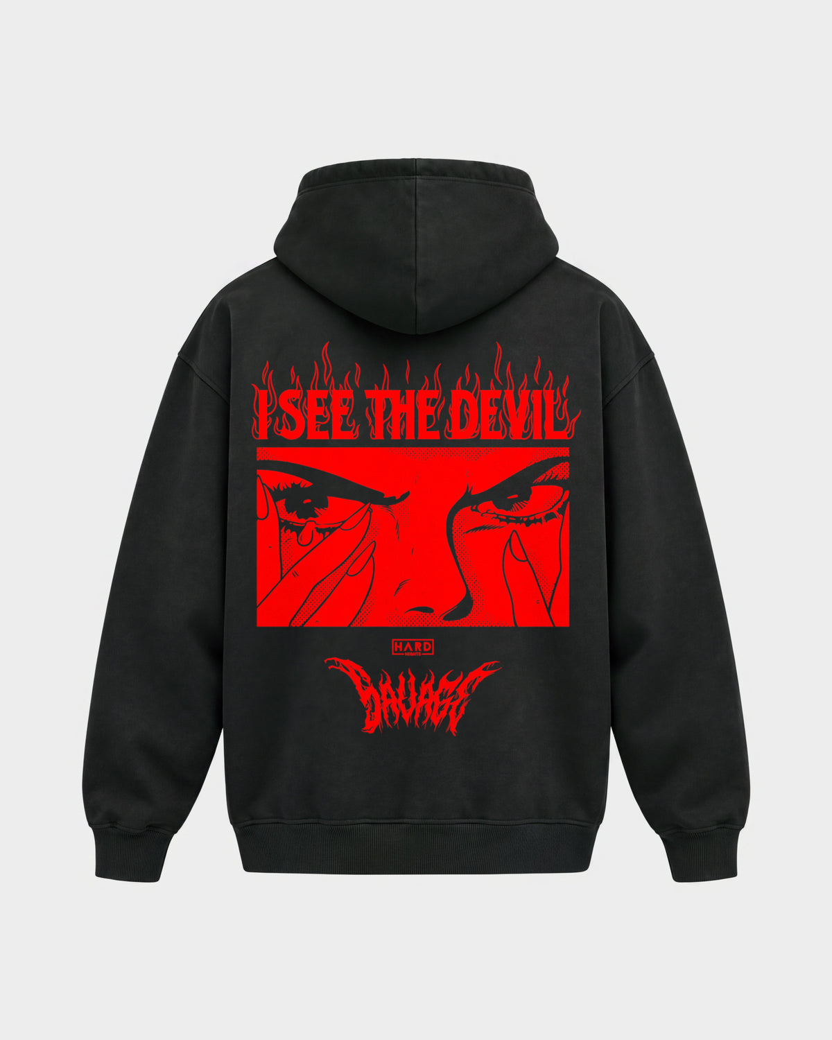 Devil – Oversized Hoodie in Schwarz, Rückenprint – Hard Nights