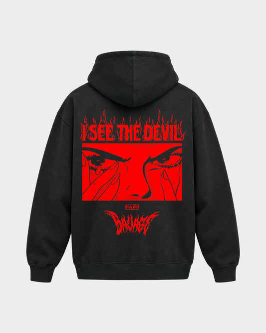 Devil – Oversized Hoodie in Schwarz, Rückenprint – Hard Nights