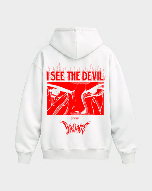 Devil – Oversized Hoodie in Weiß, Rückenprint – Hard Nights