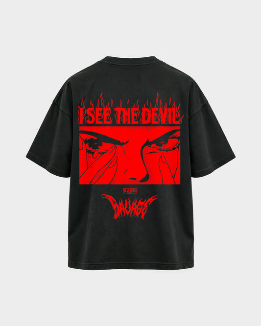 Devil – Oversized Shirt in Schwarz, Rückenprint – Hard Nights