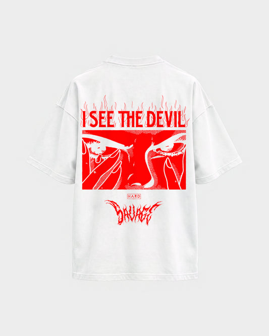 Devil – Oversized Shirt in Weiß, Rückenprint – Hard Nights