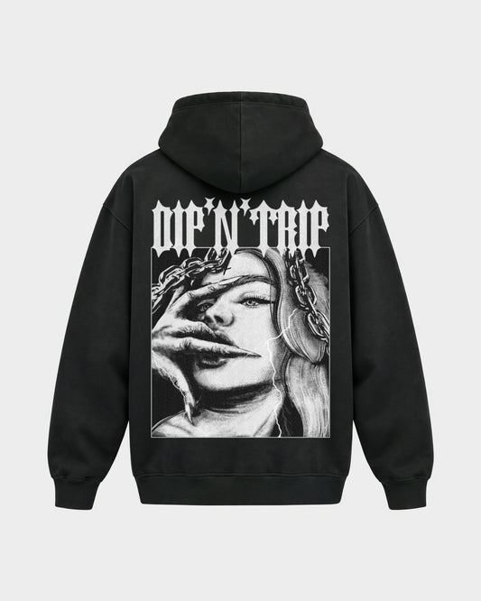 Dip'N'Trip – Oversized Hoodie in Schwarz, Rückenprint – Hard Nights