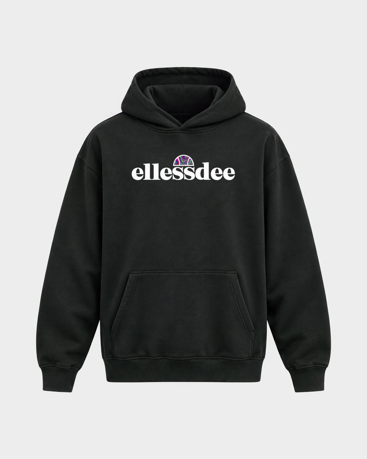 Ellessdee – Oversized Hoodie in Schwarz, Frontprint – Hard Nights